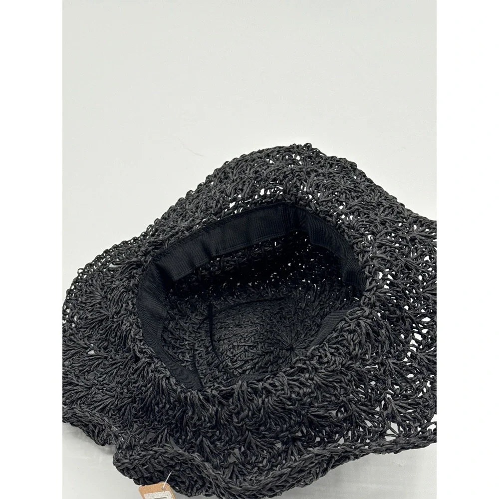 Black Crochet Straw Sun Hat Floppy Wide Brim Boho Summer Bucket Hat NWT T29003-5